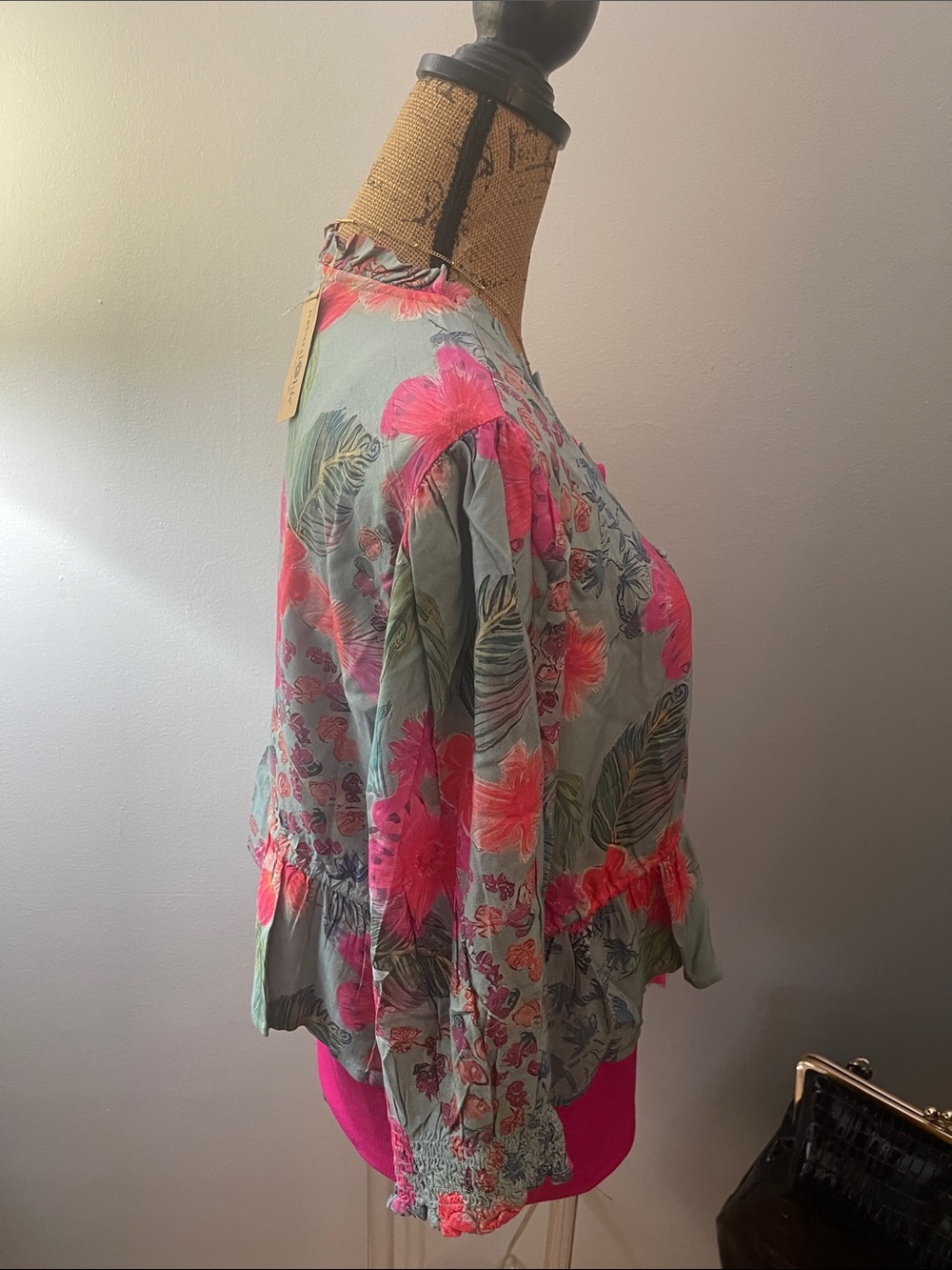 NATURAL LIFE Floral Tie-Waist Crop Ruffle Top - Pink & Moss Green - Picture 4 of 10